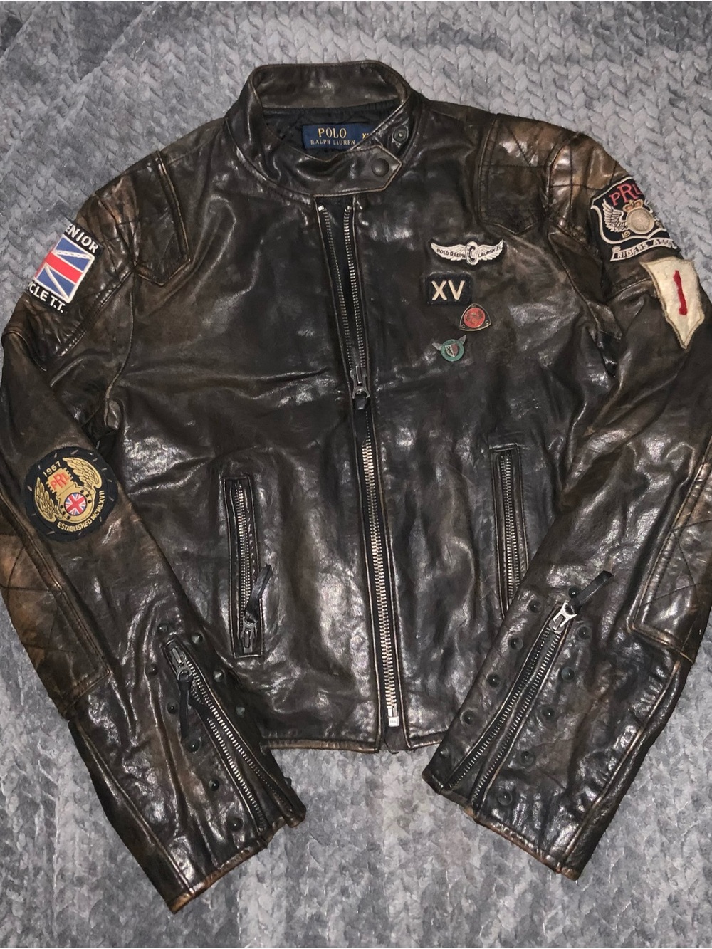 Polo by Ralph Lauren Black Leather Biker Jacket with Patches